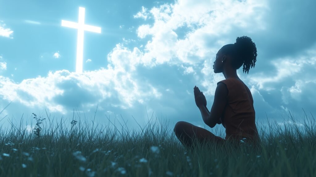 vecteezy person praying in a grassy field under a radiant cross 50670080