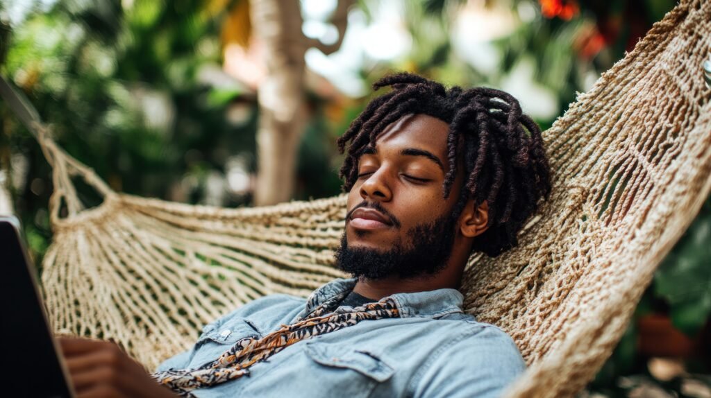 vecteezy a man lounges in a hammock absorbed in reading while 53543305